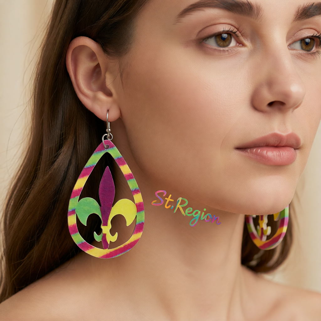 Yellow & Purple Fleur-De-Lis Stripe Drop Earrings