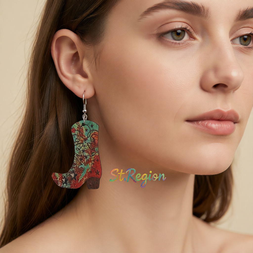 Red Wood & Silver-Plated Star Cowgirl Boot Drop Earring