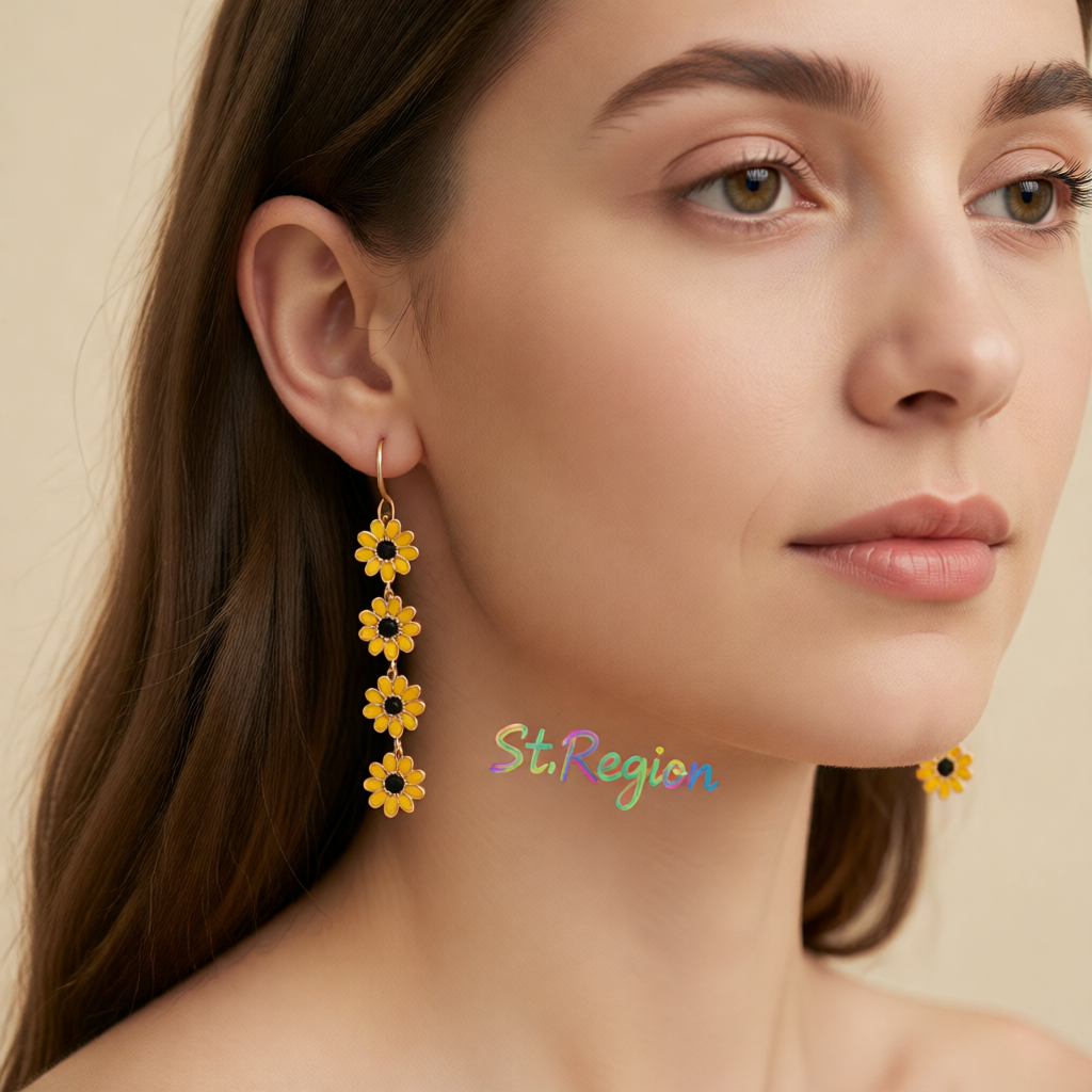 Yellow Enamel & 18K Gold-Plated Linked Mums Drop Earring