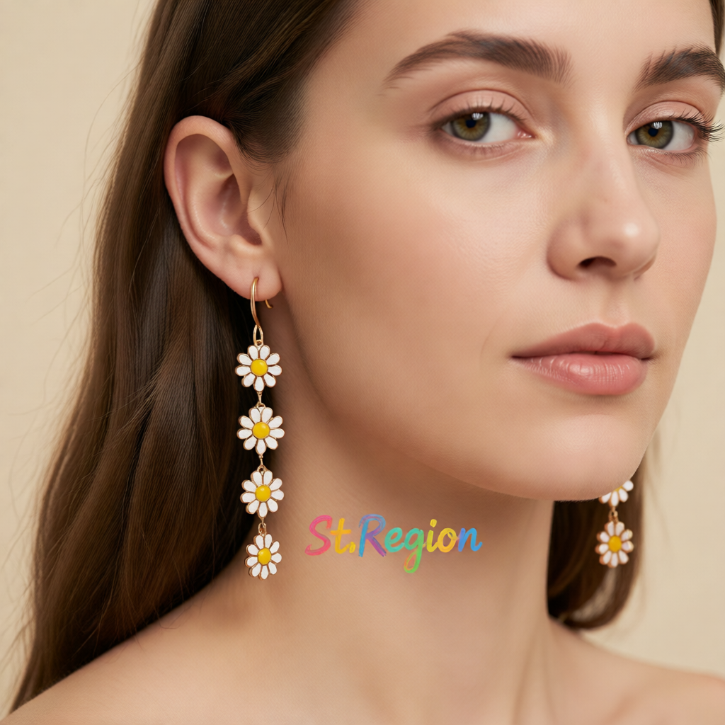 White Enamel & 18K Gold-Plated Linked Mums Drop Earring