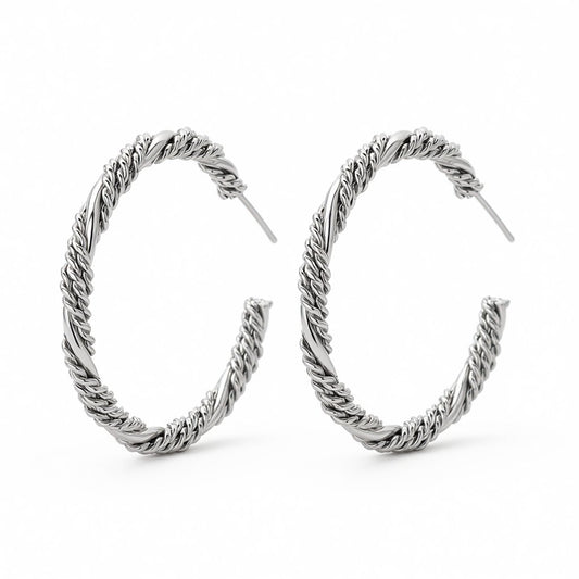 Silver-Plated Twine Hoop Earrings, silver hoop earrings for women, dainty minimalist design, side view