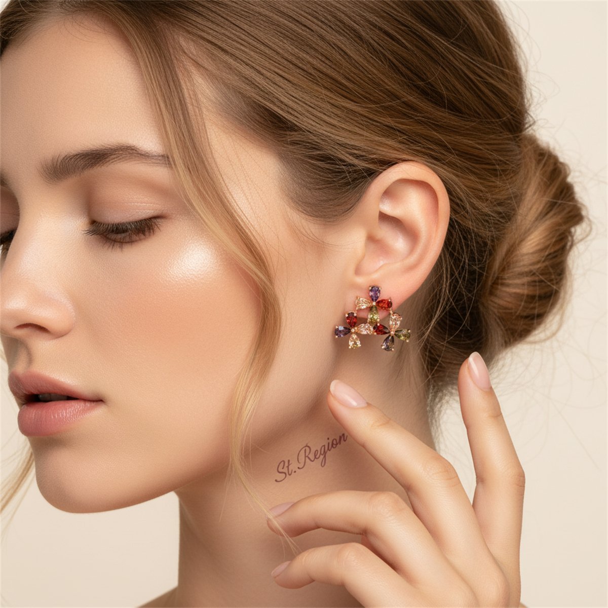 Multicolor Crystal and 18K Rose Gold-Plated Triple Flower Stud Earrings, cubic zirconia stud earrings for women, styled look