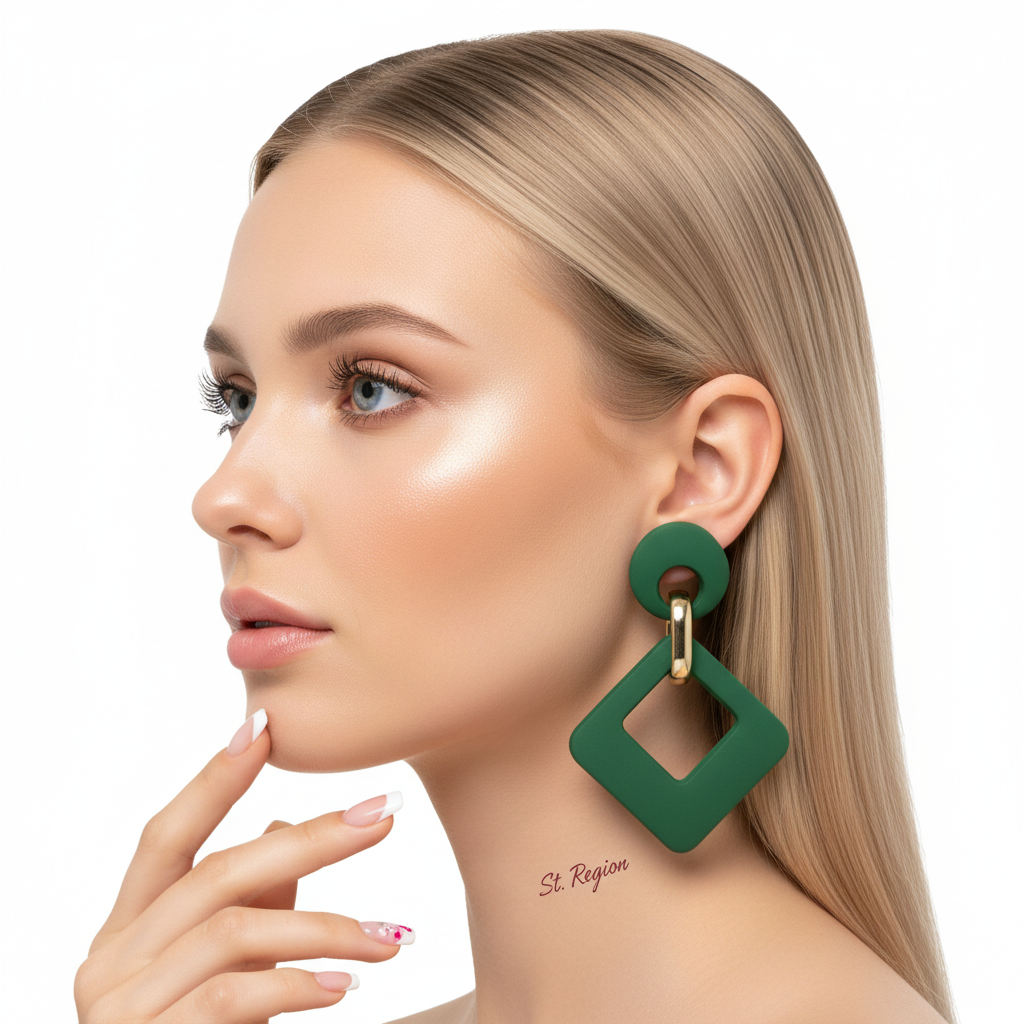 Dark Green Enamel & 18K Gold-Plated Open Rhombus Drop Earrings - Street Region