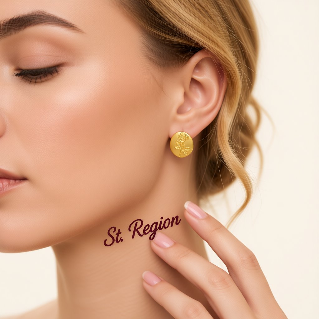 18K Gold-Plated Rose Round Stud Earrings, gold stud earrings for women, vintage-inspired design, styled look