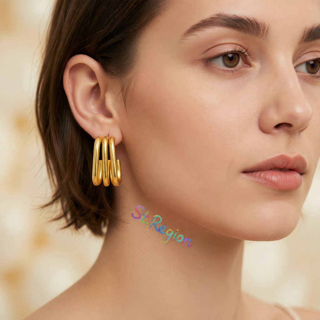 18K Gold-Plated Tri-Layered Square Stud Earrings, gold huggie earrings, botanical inspired, styled look