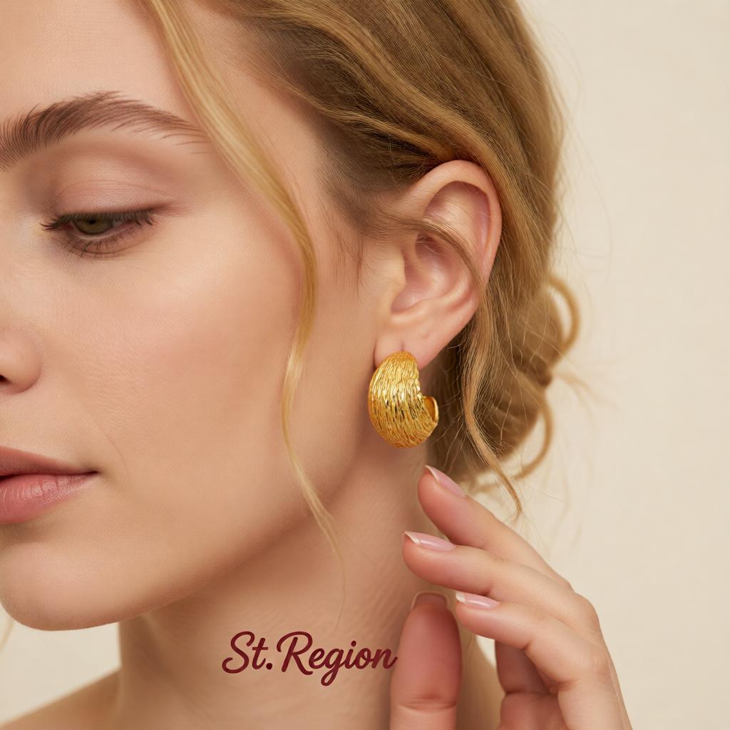 18K Gold-Plated Brushed Curved Round Stud Earrings, gold huggie earrings, vintage-inspired design, styled look