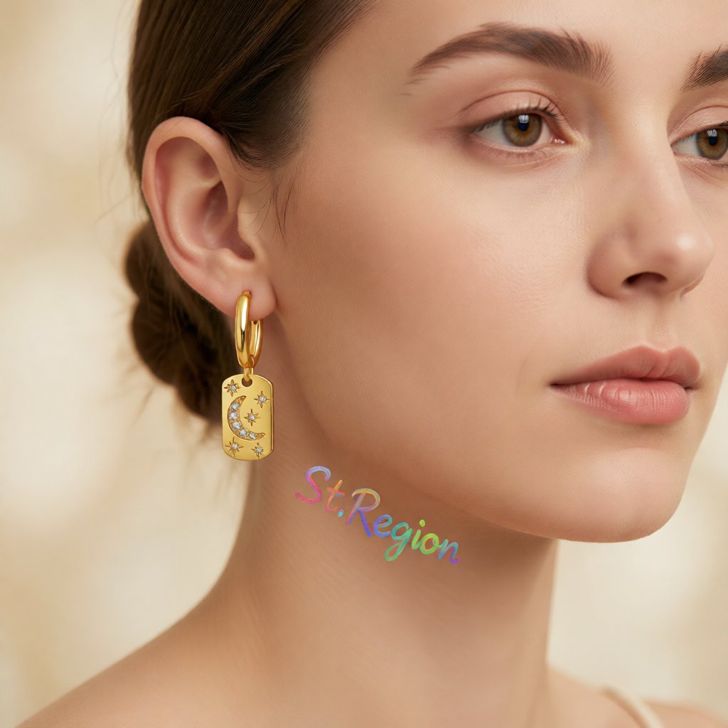Cubic Zirconia and 18K Gold-Plated Celestial Rectangle Drop Earrings, gold drop earrings for women, styled look