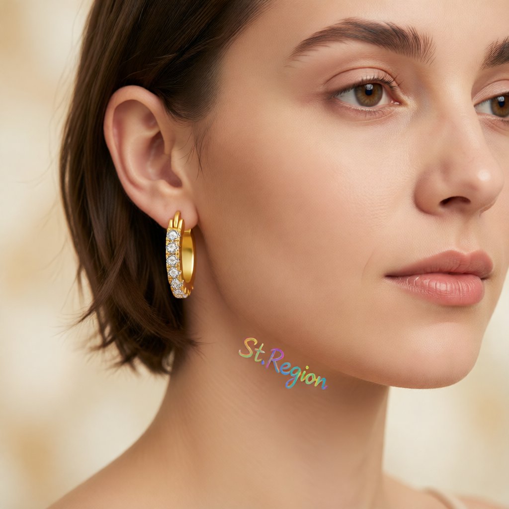 Cubic Zirconia and 18K Gold-Plated Huggie Earrings, gold huggie earrings, vintage-inspired design, styled look
