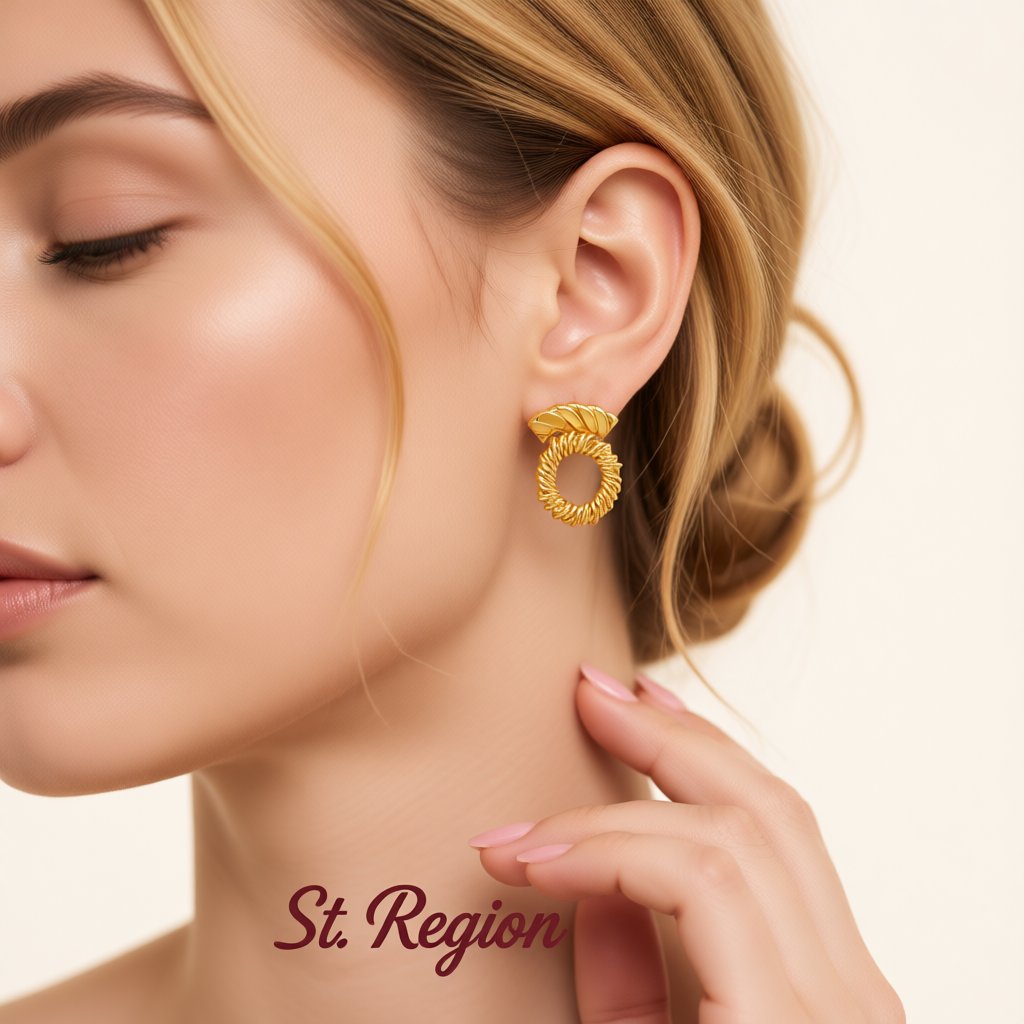 18K Gold-Plated Twine Round Stud Earrings, gold stud earrings for women, vintage-inspired design, styled look