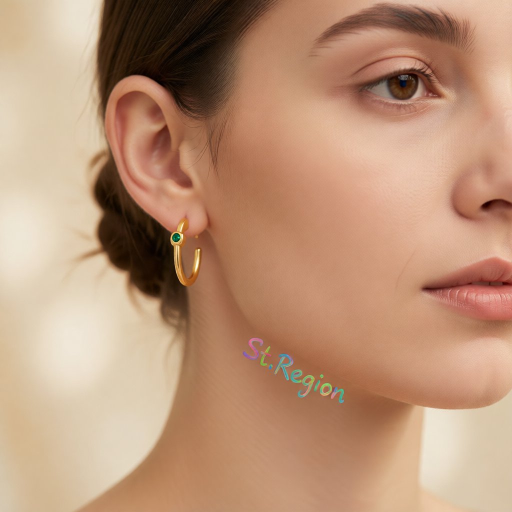 Green Cubic Zirconia and 18K Gold-Plated Huggie Earrings, gold huggie earrings, botanical inspired, styled look