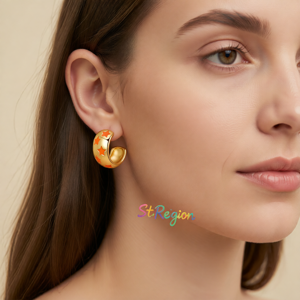 Orange Enamel & 18K Gold-Plated Stars Huggie Earring