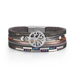 Iridescent Cubic Zirconia & Gray Tree Of Life Stacked Bracelet