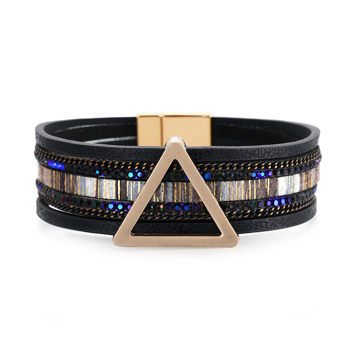 Black leather bracelet featuring a triangle design with an 18K gold-plated metal clasp for a stylish touch.