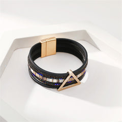 Trendy black leather bracelet with a unique triangle design and a stunning 18K gold-plated clasp for added flair.