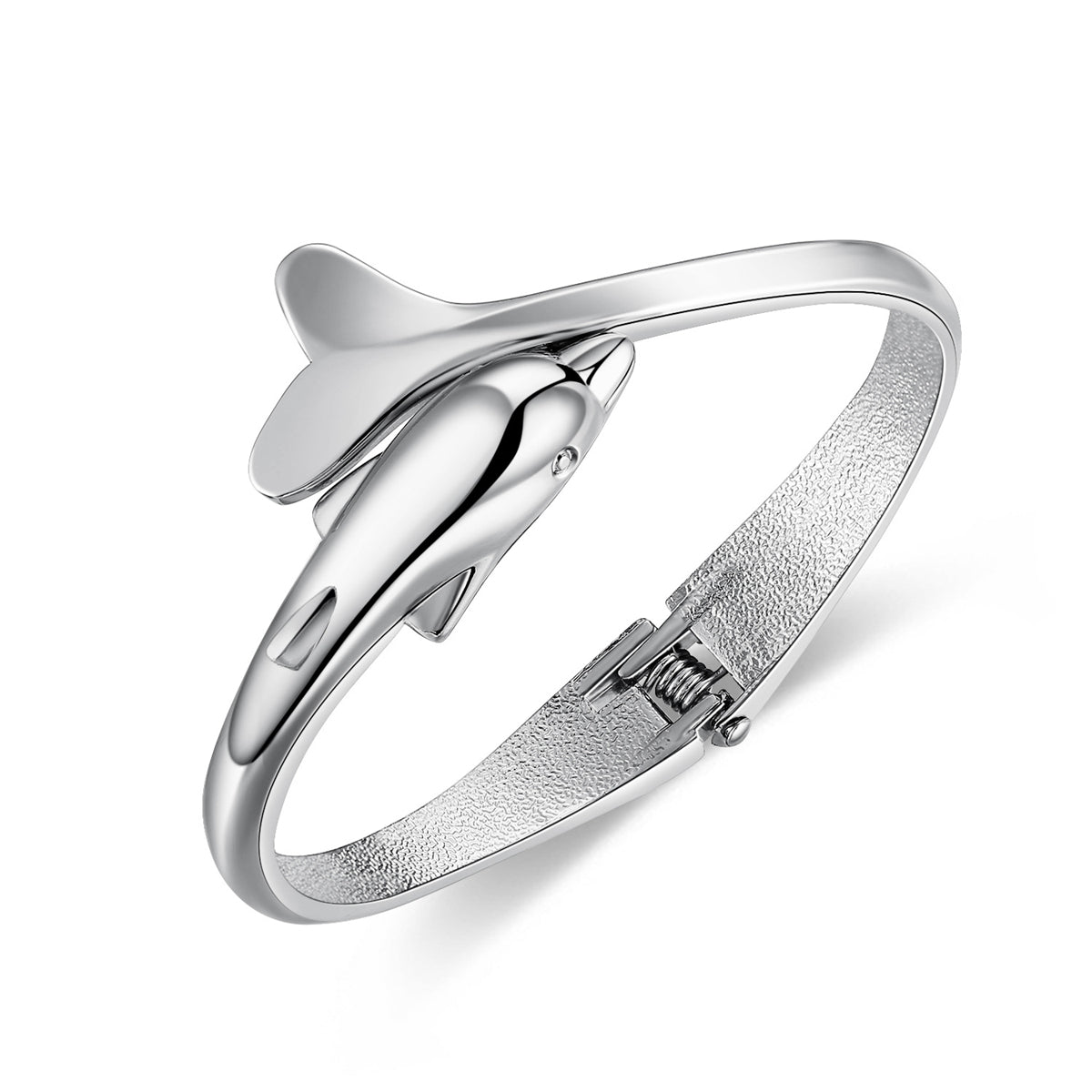 A silver-plated hinged bangle featuring an elegant dolphin design, showcasing a blend of style and marine inspiration.