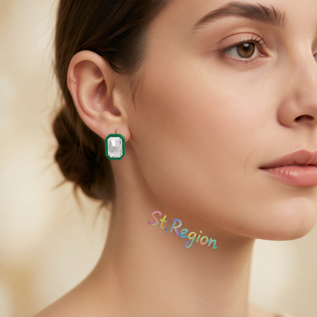 Green and Crystal Rectangle Stud Earrings, cubic zirconia stud earrings for women, everyday style, styled look