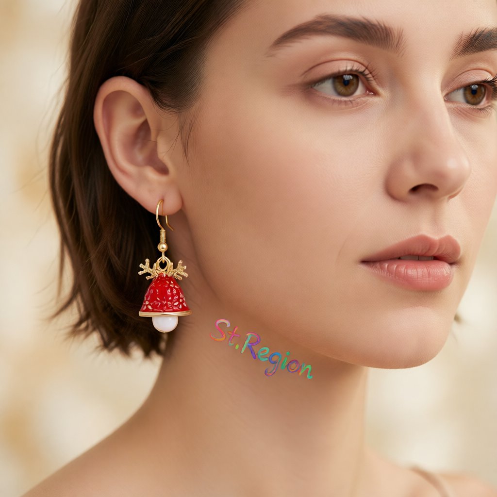 Red Enamel and 18K Gold-Plated Antler Bell Drop Earrings, gold drop earrings for women, everyday style, styled look