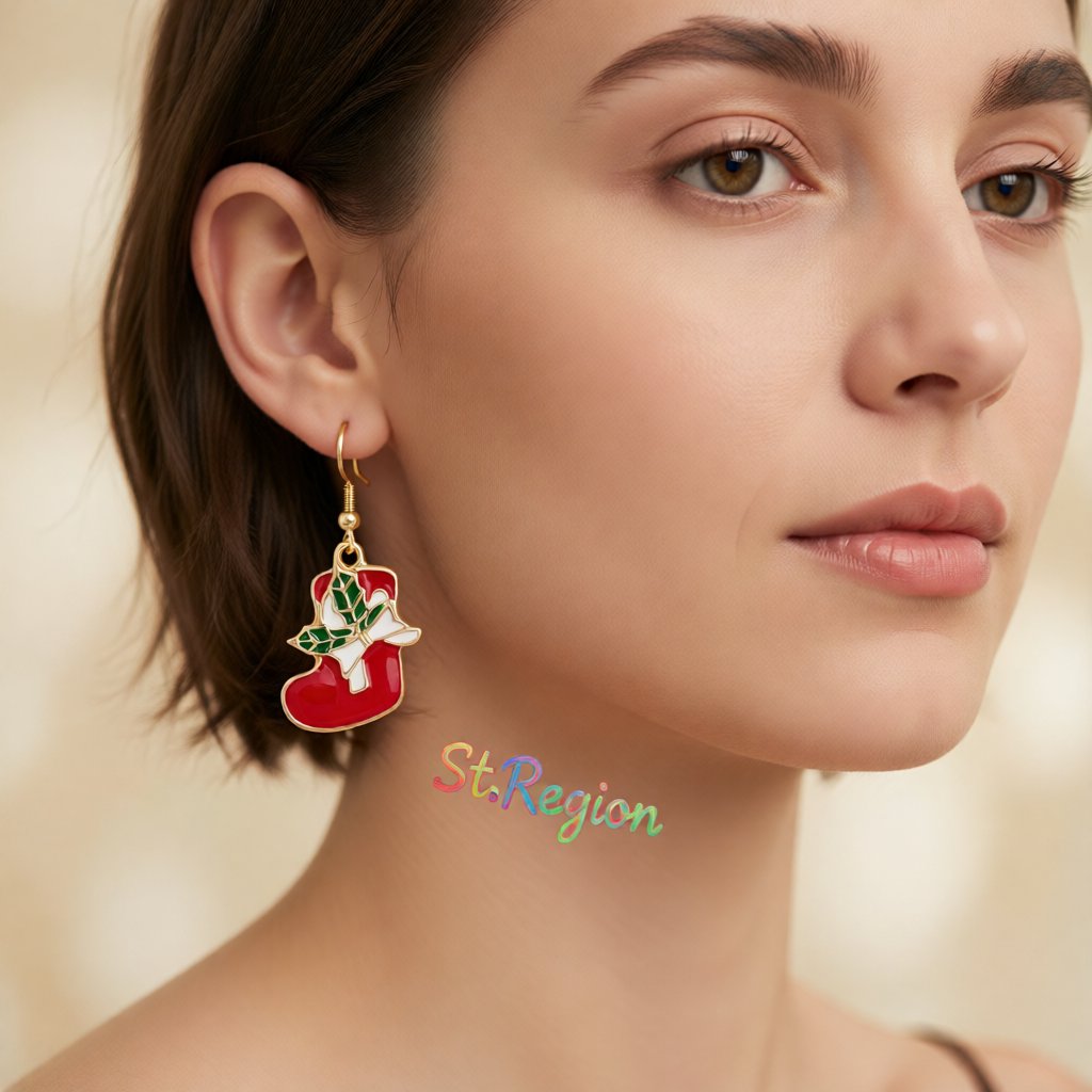 Red Enamel and 18K Gold-Plated Stocking Drop Earrings, gold drop earrings for women, everyday style, styled look