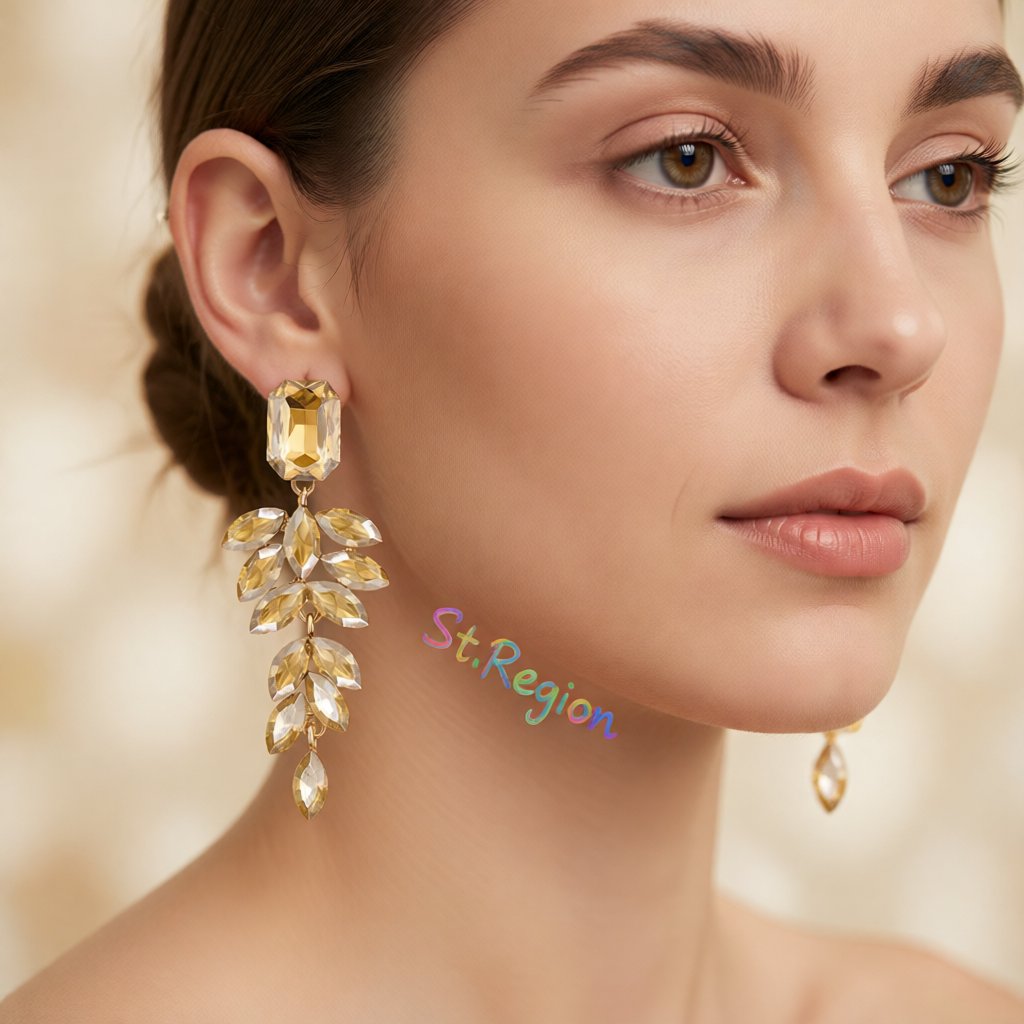 Champagne Crystal and 18K Gold-Plated Botanical Drop Earrings, gold drop earrings for women, styled look