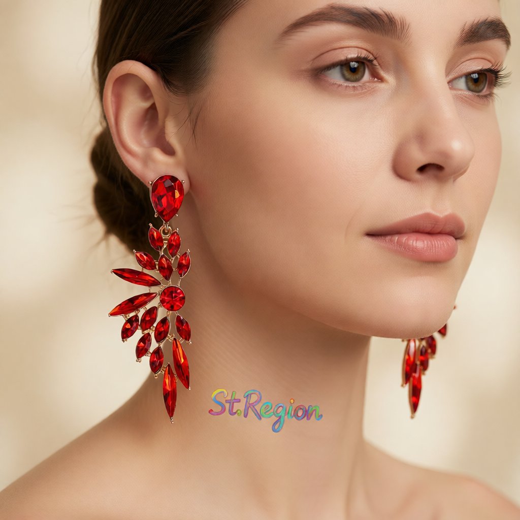 Red Crystal and 18K Gold-Plated Botanical Drop Earring, gold drop earrings for women, everyday style, styled look