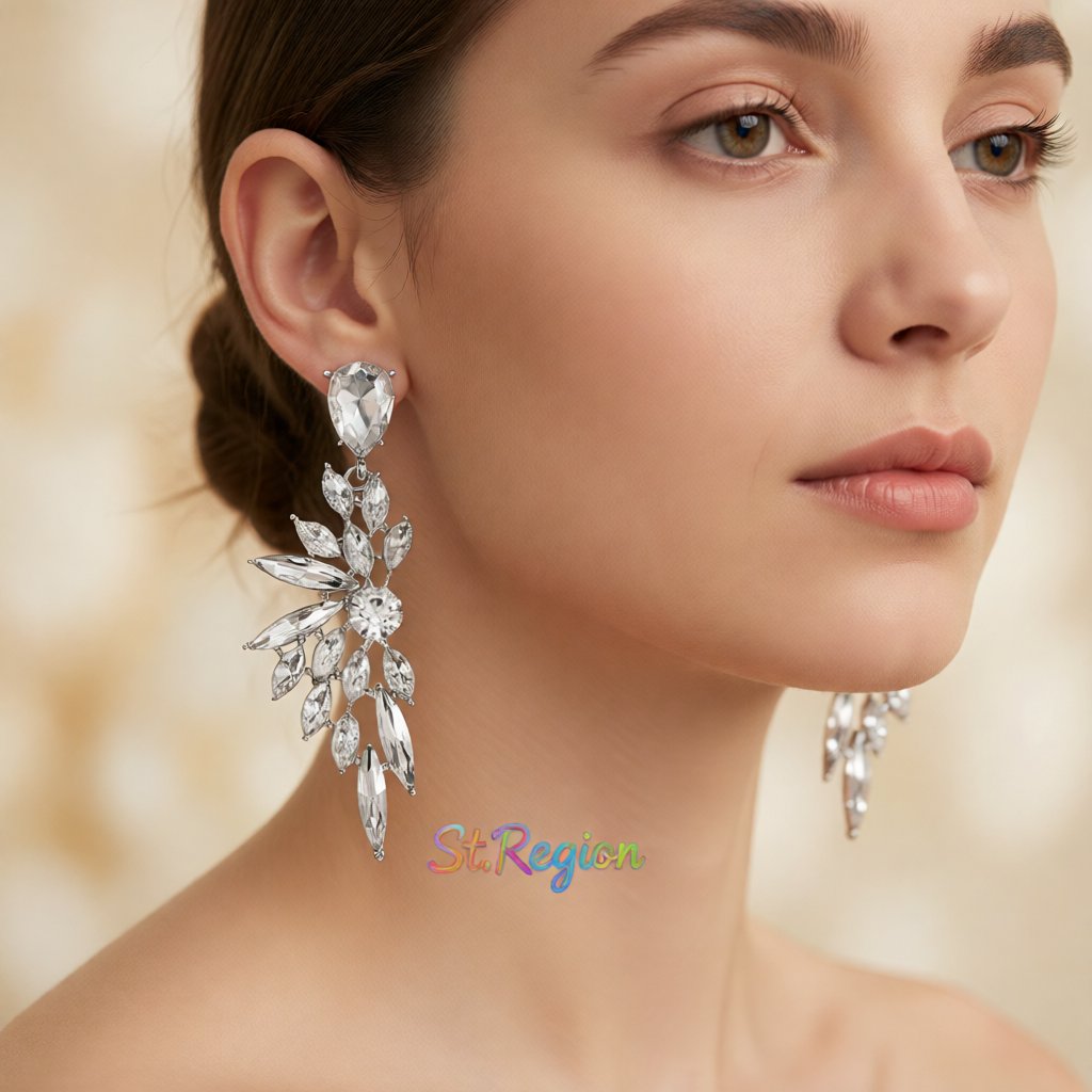 Clear Crystal and Silver-Plated Botanical Drop Earrings, silver drop earrings for women, vintage-inspired design, styled look