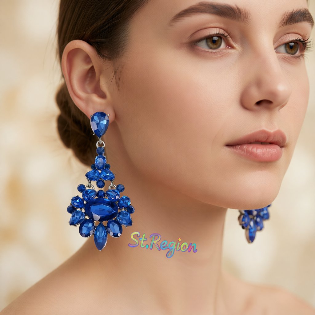 Blue Crystal and Cubic Zirconia Oval-Cut Floral Drop Earrings, drop earrings for women, dainty minimalist design, styled look