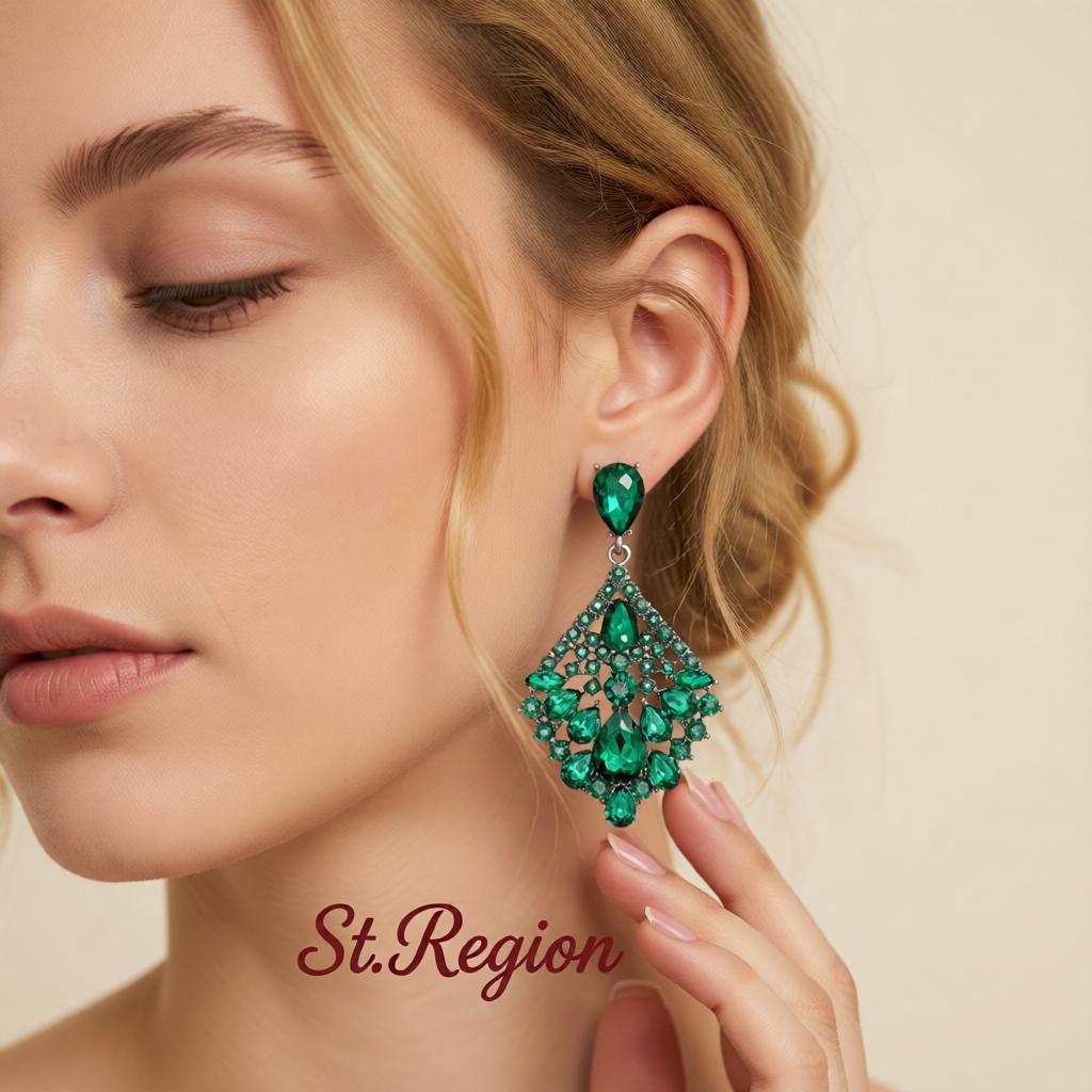 Green and Cubic Zirconia Rhombus Drop Earrings, drop earrings for women, everyday style, styled look