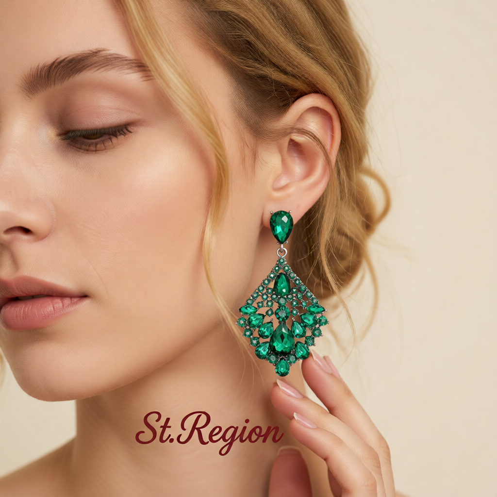 Green & Cubic Zirconia Rhombus Drop Earrings