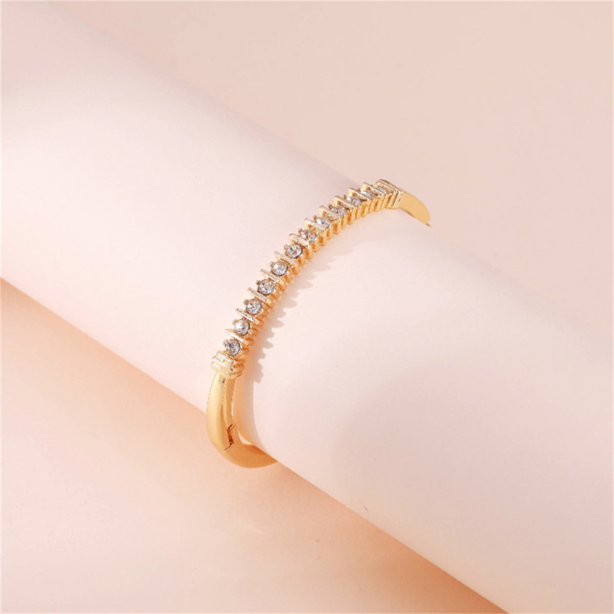 Cubic Zirconia and 18K Gold-Plated Hinged Bangle, gold bangle bracelet, vintage-inspired design, lifestyle look
