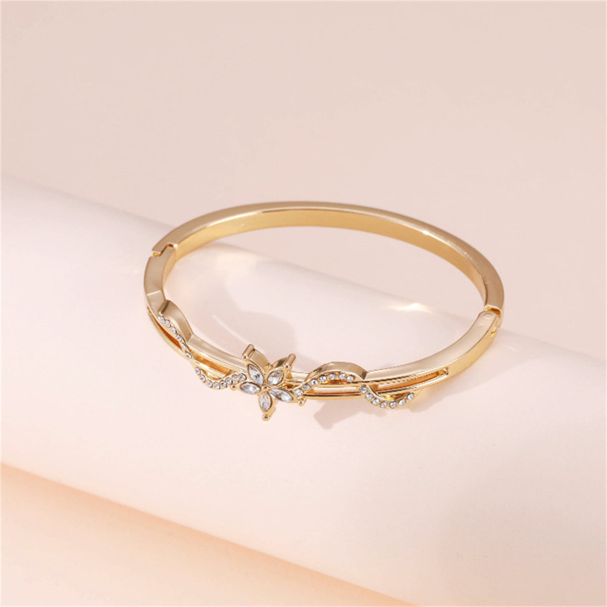 Cubic Zirconia and 18K Gold-Plated Floral Wave Marquise Hinge Bangle, gold bangle bracelet, lifestyle look