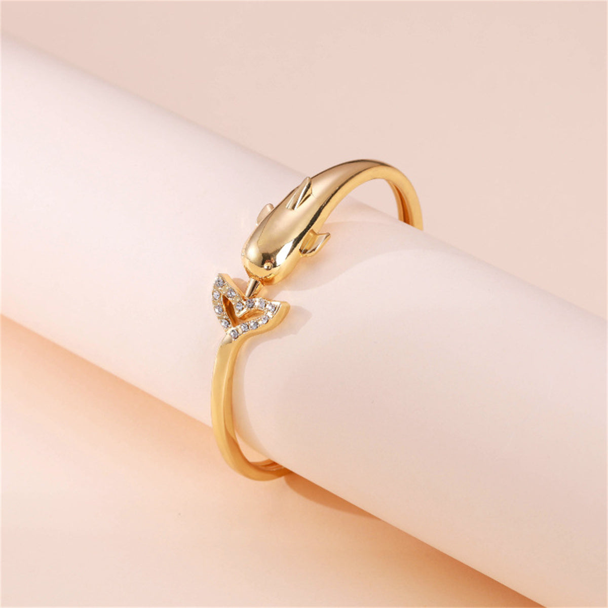 Cubic Zirconia and 18K Gold-Plated Openwork Dolphin Hinge Bangle, gold bangle bracelet, botanical inspired, lifestyle look