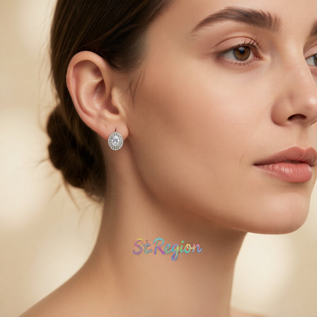 Crystal and Cubic Zirconia Halo Oval Stud Earrings, stud earrings for women, botanical inspired, styled look