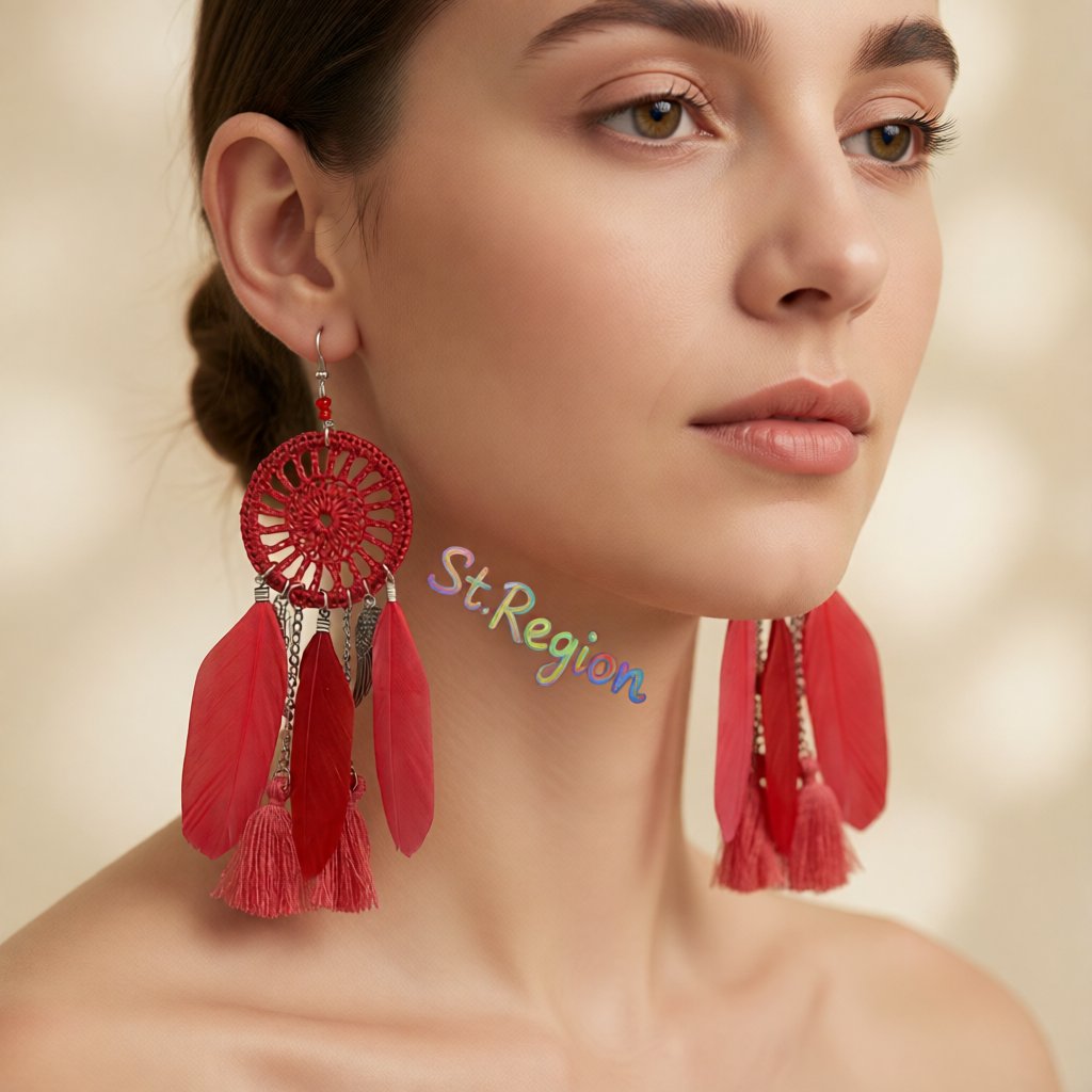 Red and Silver-Plated Wing Dreamcatcher Drop Earrings, silver drop earrings for women, everyday style, styled look