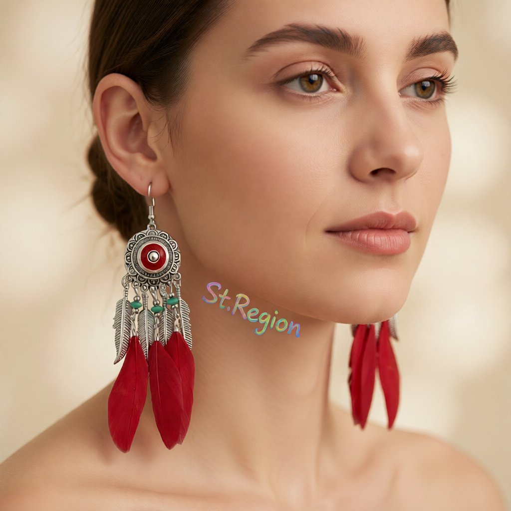 Red and Silver-Plated Feather Dreamcatcher Drop Earrings, silver drop earrings for women, styled look