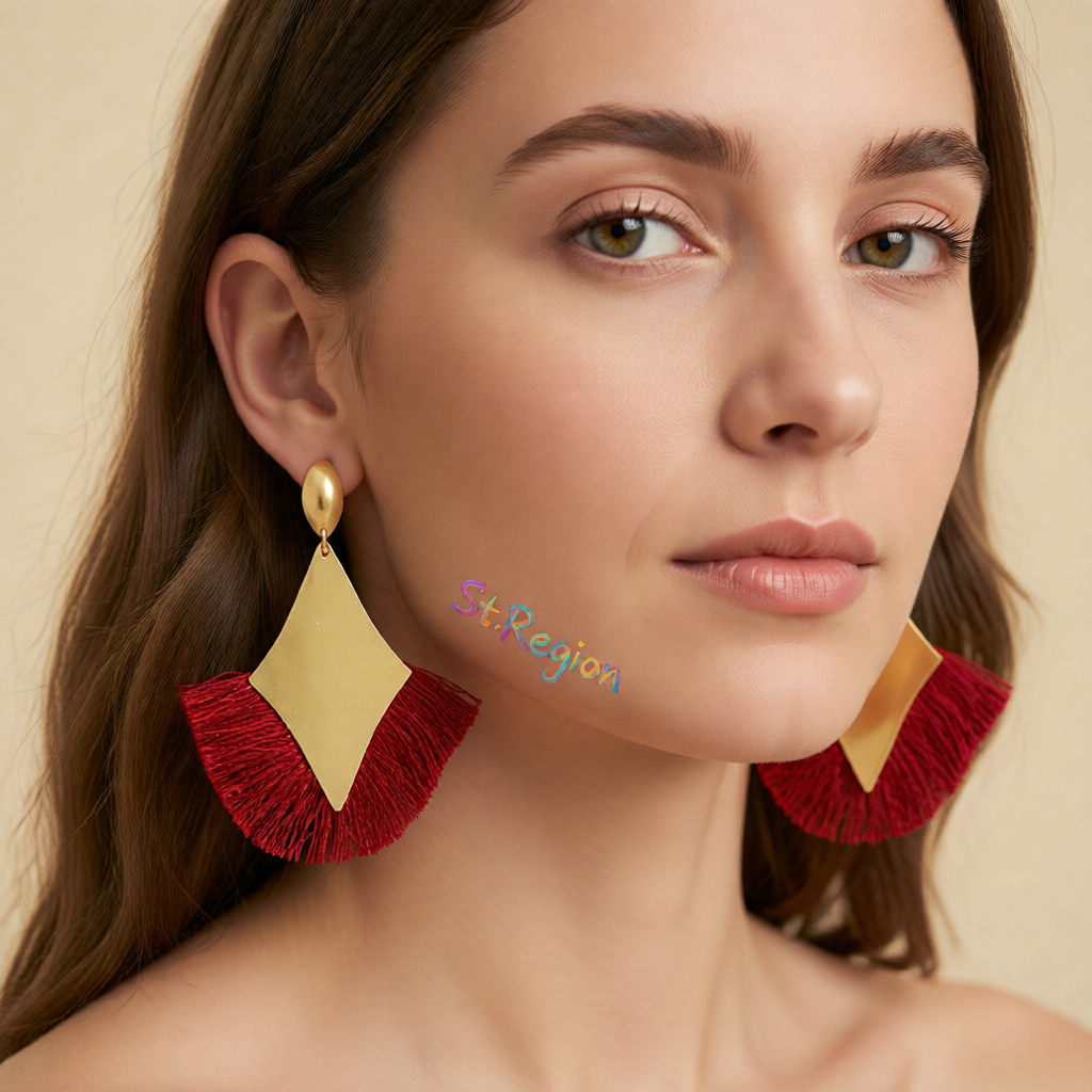Red Polyster & 18K Gold-Plated Rhombus Tassel Fan Drop Earrings