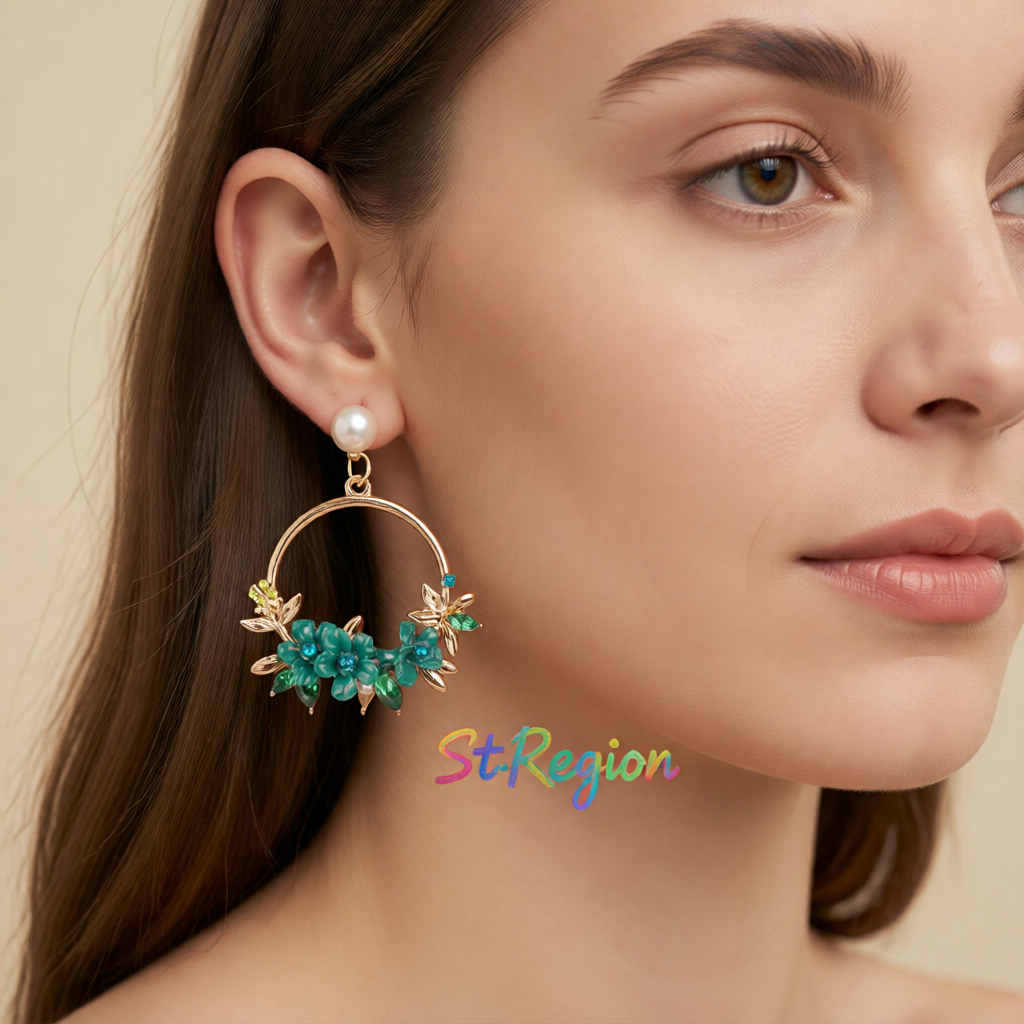 Pearl & Cubic Zirconia Greeen Floral Cluster Hoop Drop Earrings