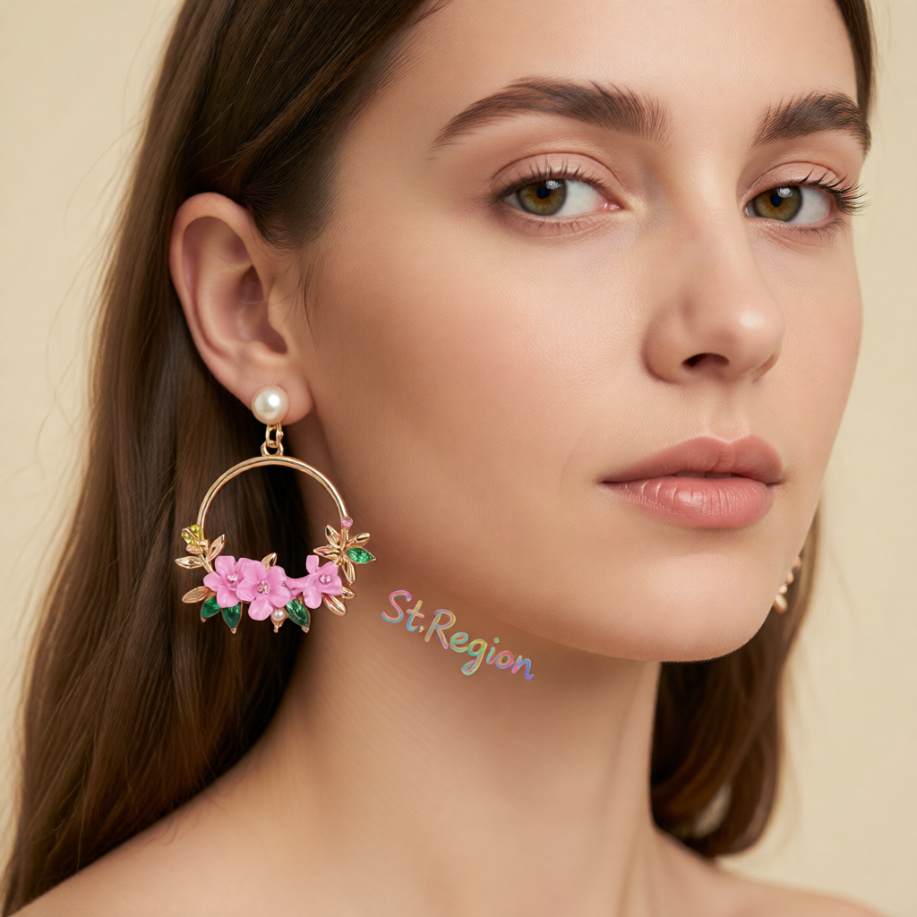 Pearl & Cubic Zirconia Pink Floral Cluster Hoop Drop Earrings
