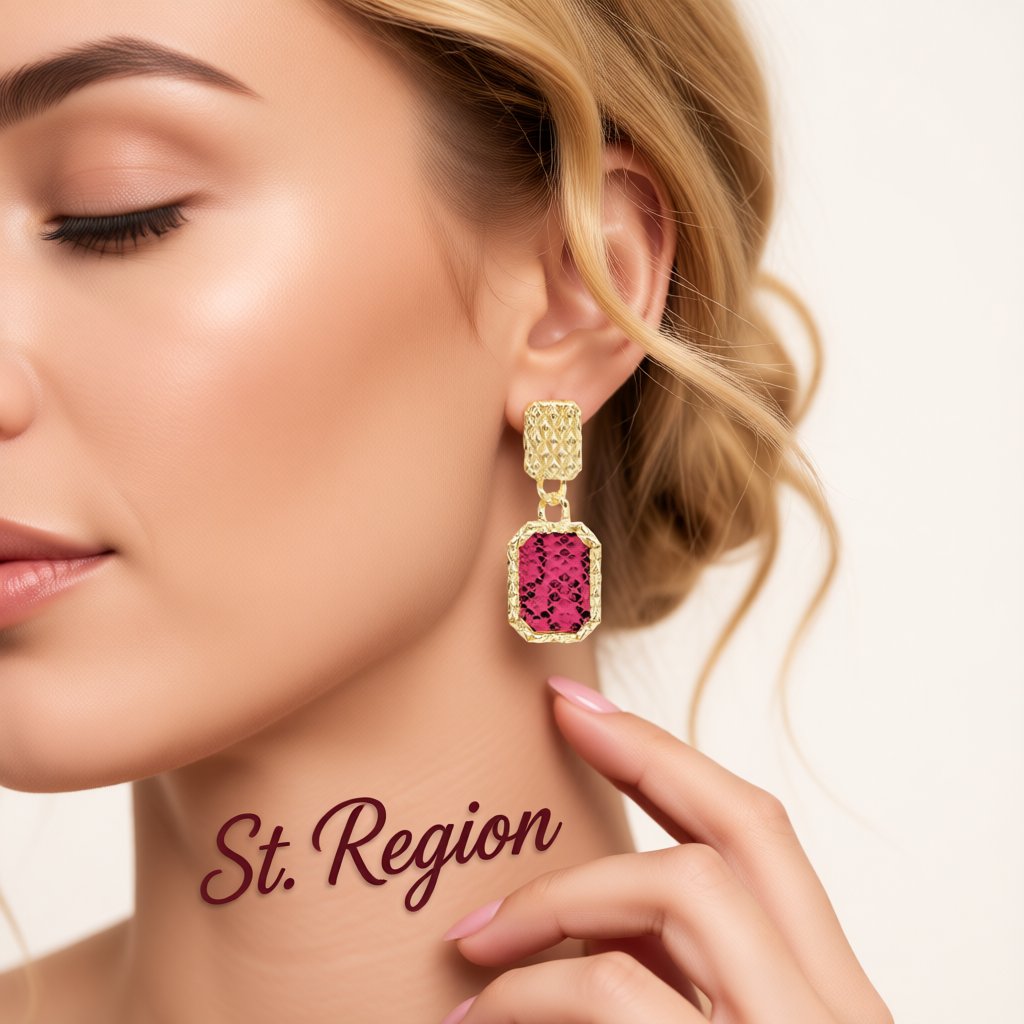 Gold-Plated and Rose Snake-Print Square Drop Earrings, gold drop earrings for women, elegant gift for her, styled look