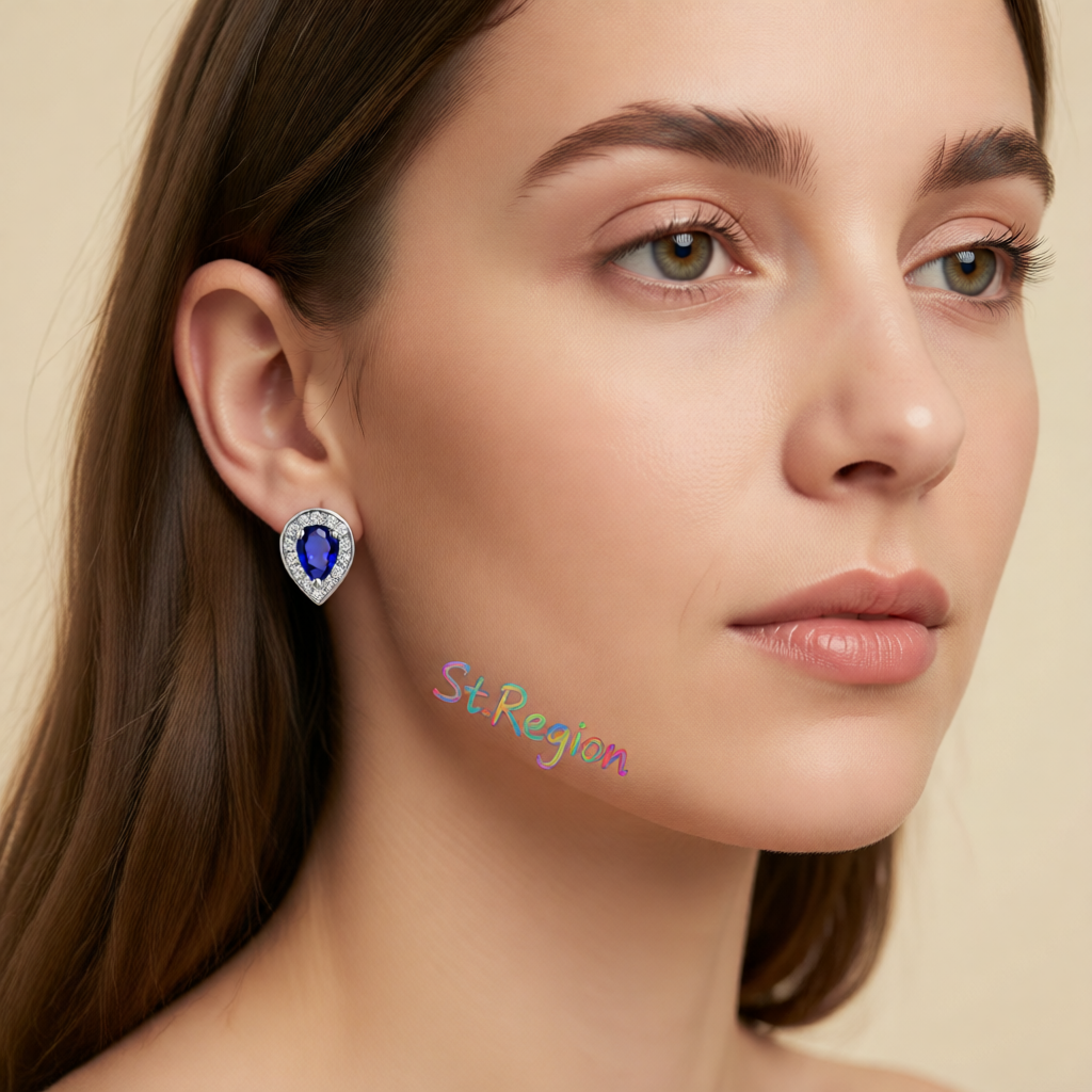 Blue Crystal & Cubic Zirconia Silver-Plated Pear Halo Stud Earrings