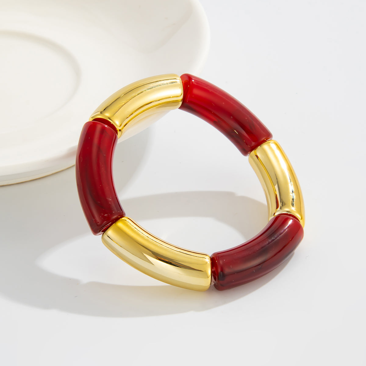 Wine Red Resin and Goldtone Joint Stretch Bracelet, elegant gift for her, lifestyle look