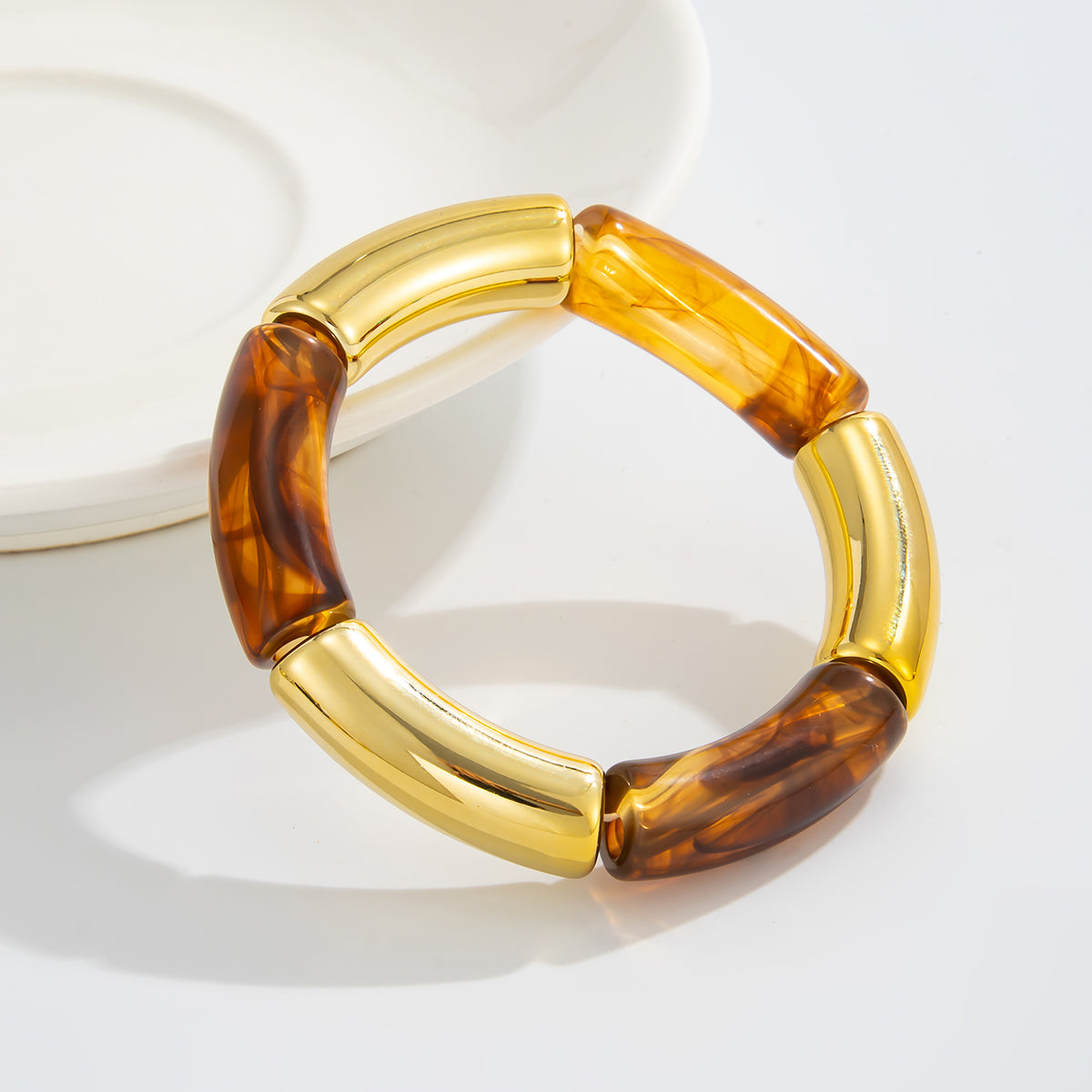 Amber Resin and Goldtone Joint Stretch Bracelet, dainty minimalist design, lifestyle look