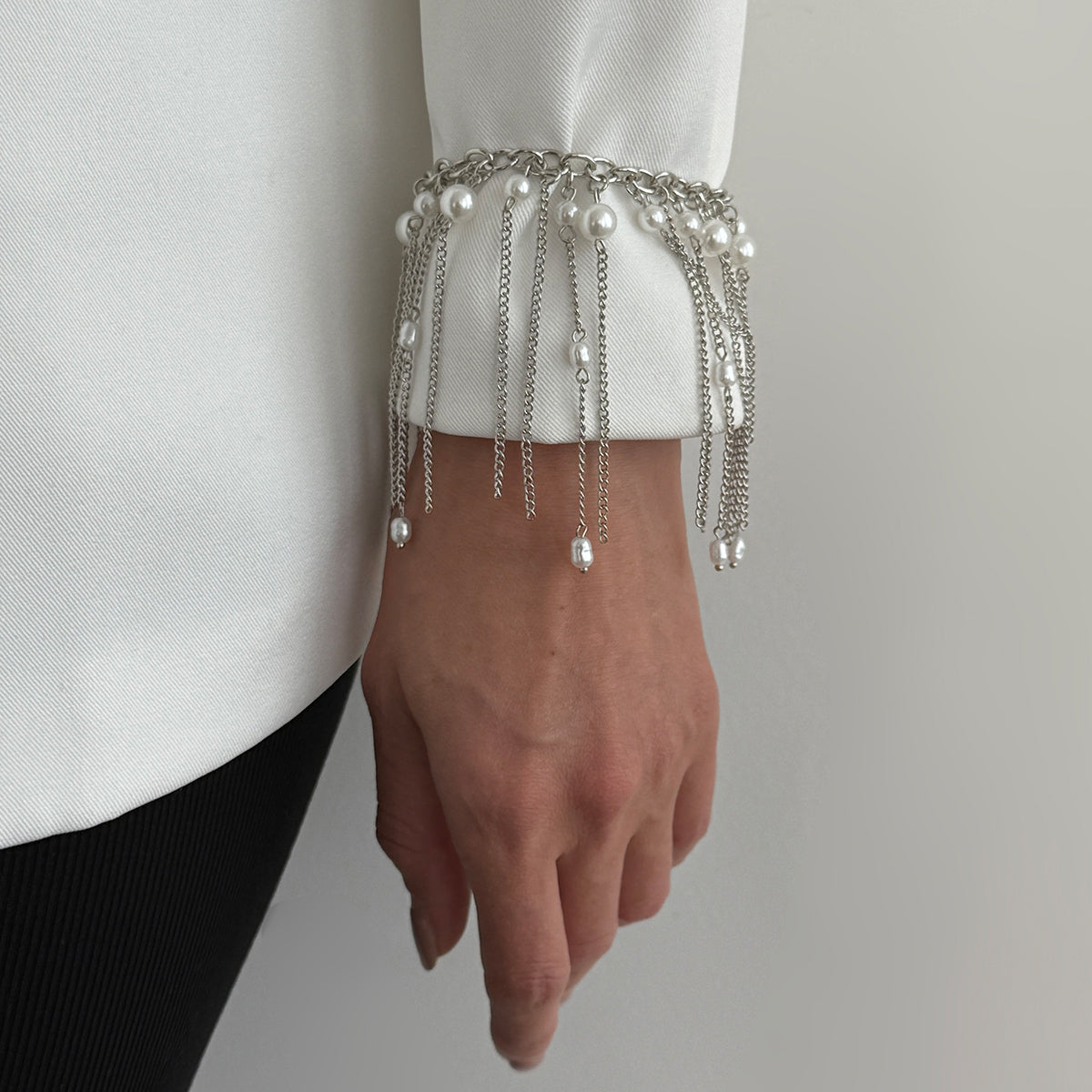 Pearl and Silvertone Beads Tassel Bracelet, silver bracelet for women, everyday style, styled look