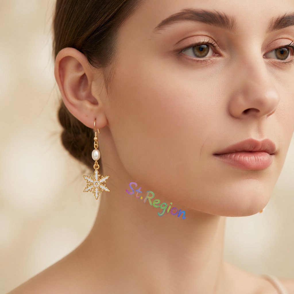 Pearl and Enamel 18K Gold-Plated Snowflake Drop Earrings, gold drop earrings for women, everyday style, styled look