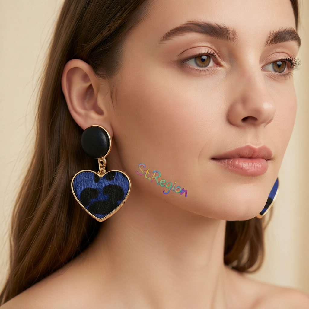 Blue Leopard Gabardine Heart Leather Drop Earrings