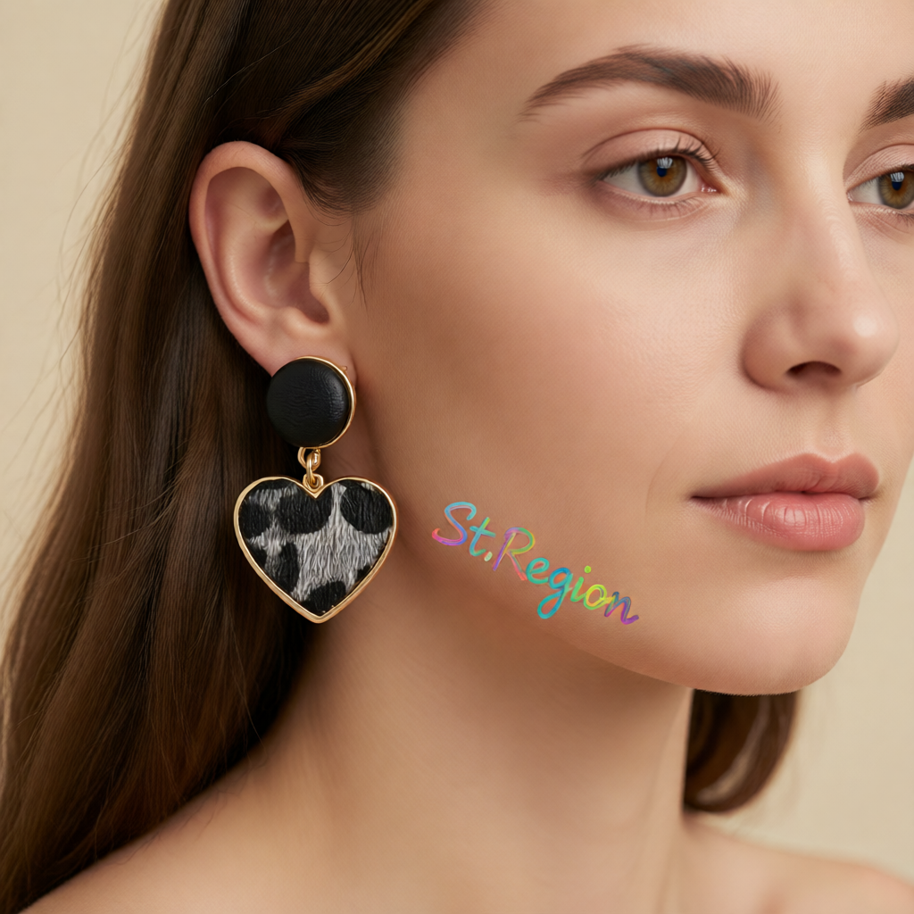 Gray Polyurethane & 18K Gold-Plated Leopard-Print Heart Leather Drop Earrings