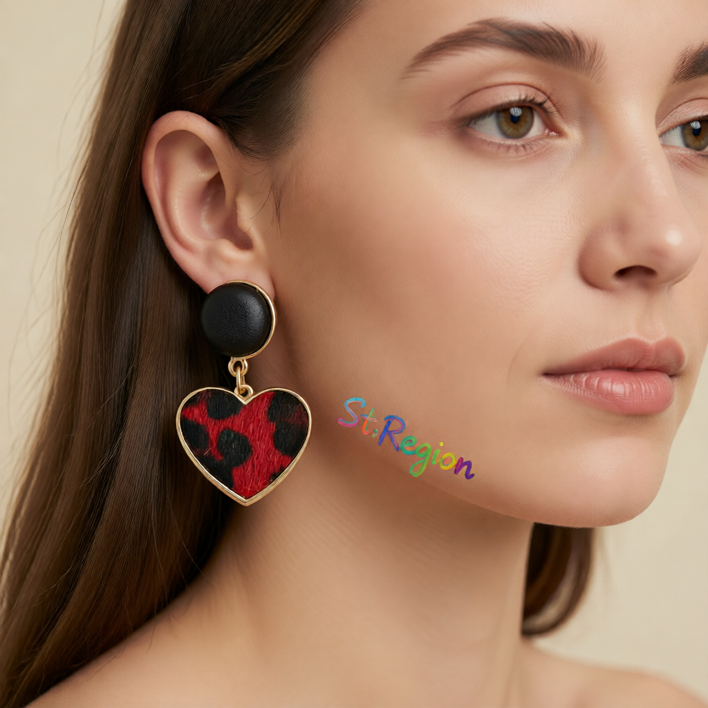 Red Gabardine & 18K Gold-Plated Leopard-Print Heart Leather Drop Earrings