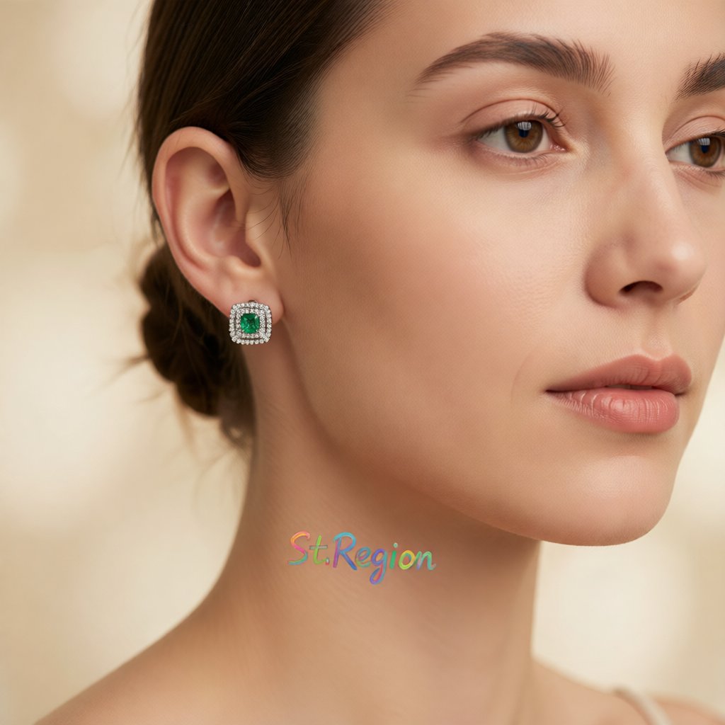 Green Crystal and Cubic Zirconia Halo Stud Earrings, cubic zirconia stud earrings for women, botanical inspired, styled look