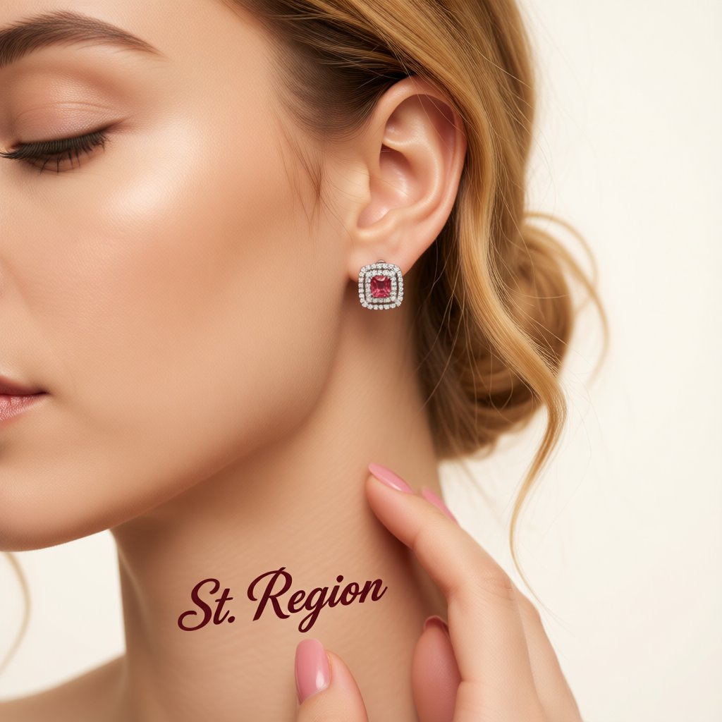 Red Crystal and Cubic Zirconia Silver-Plated Halo Square Stud Earrings, cubic zirconia stud earrings for women, styled look