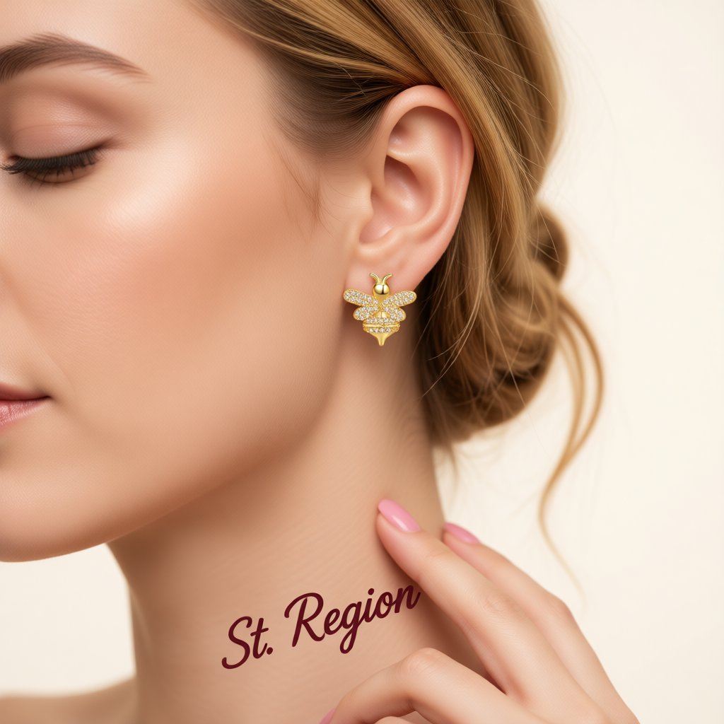 Cubic Zirconia and 18K Gold-Plated Bee Stud Earrings, gold stud earrings for women, botanical inspired, styled look
