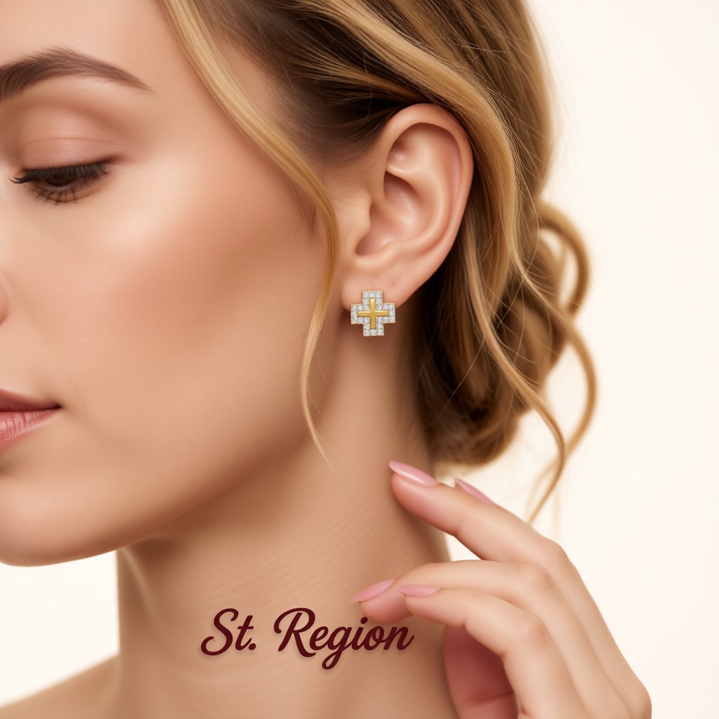 Cubic Zirconia and 18K Gold-Plated Cross Stud Earrings, gold stud earrings for women, everyday style, styled look